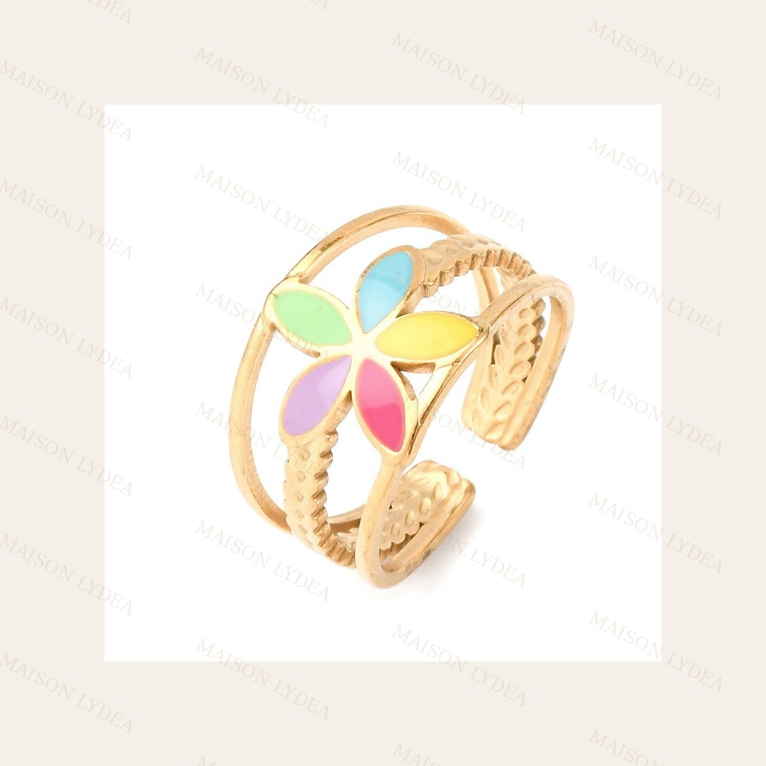 Bague Réglable Argentée Motif Floral Émail