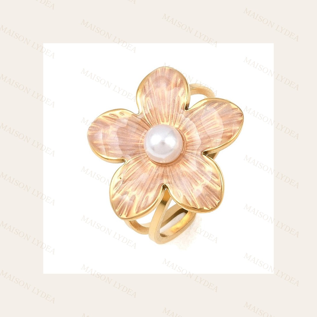 Bague Réglable Dorée Motif Fleur avec Perle