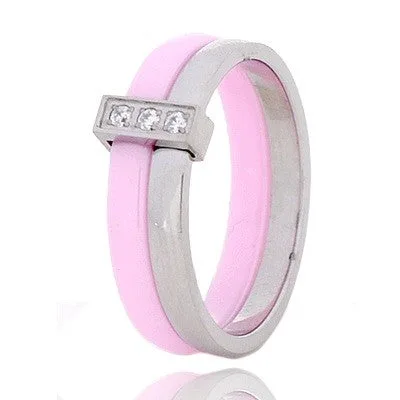 Bague en céramique Rose et argentée cz