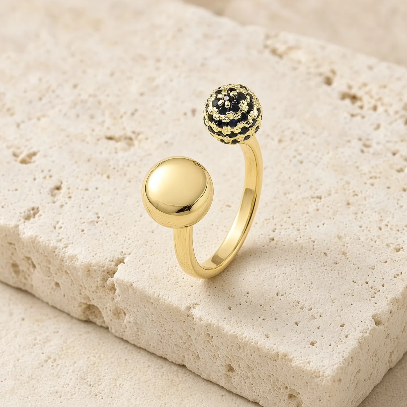 Bague Femme Réglable Boules Diamants CZ Noirs