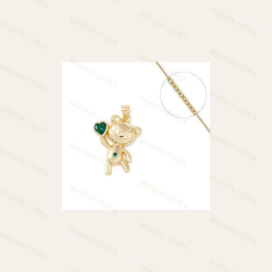 Collier 18K Ours avec Coeur Vert