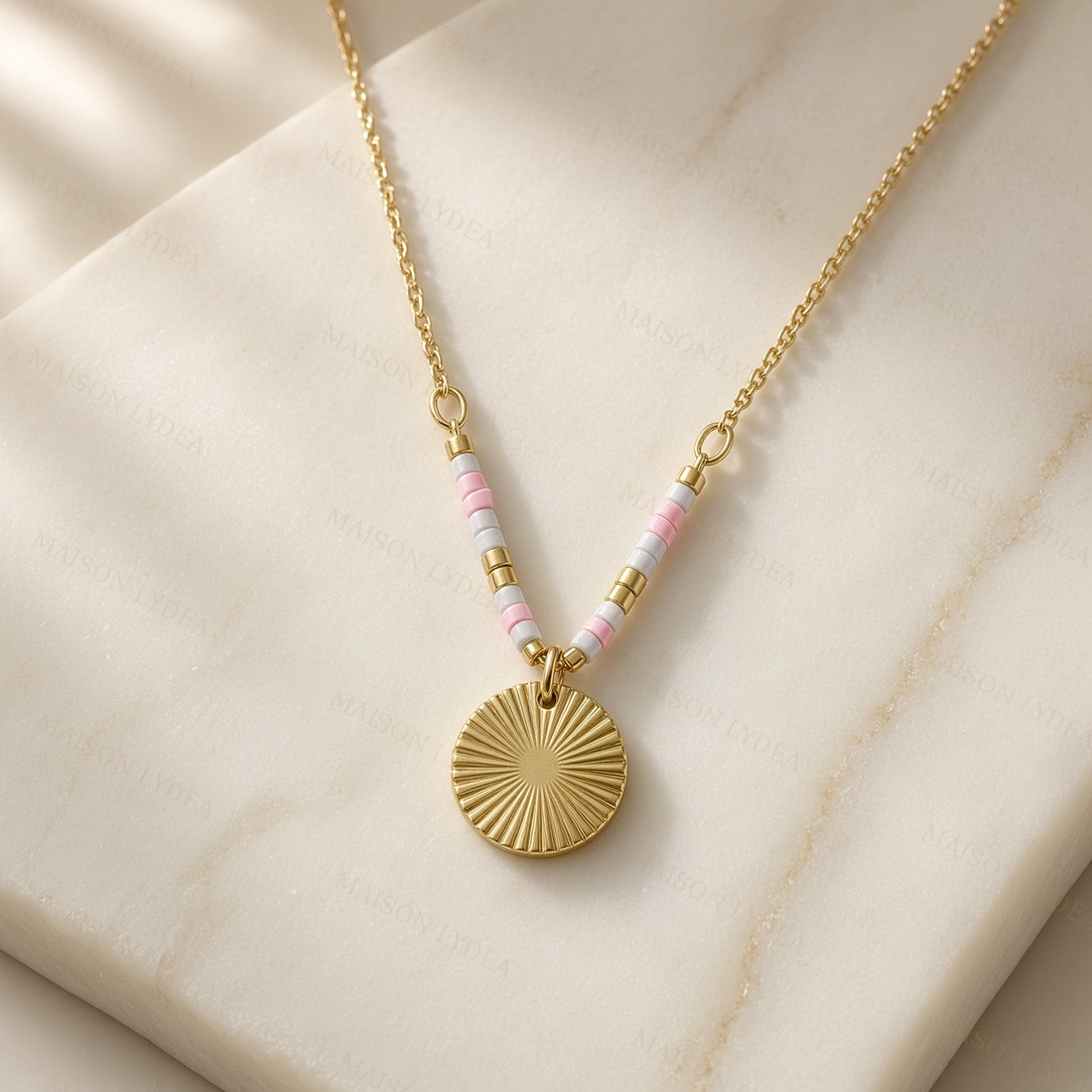 Collier Femme Doré Perles Rose Pale et or