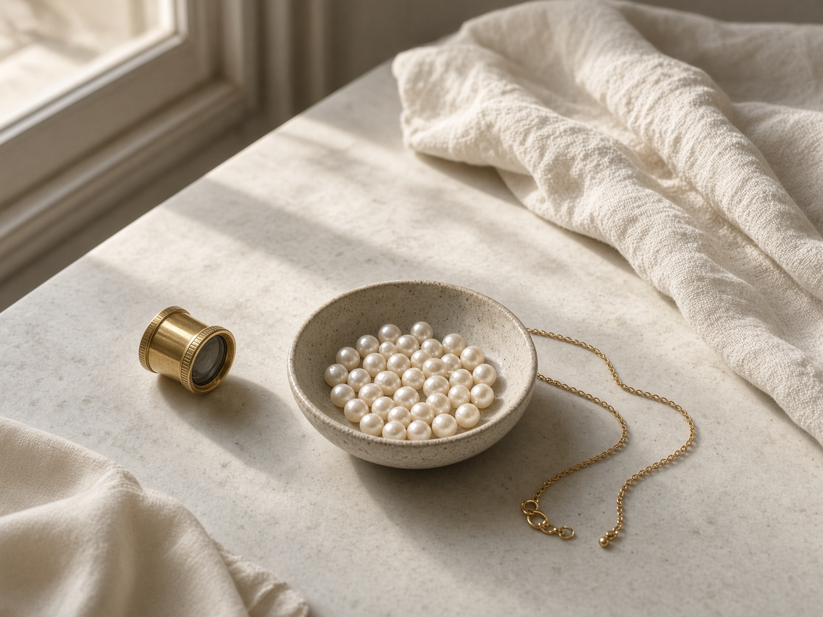 Table d’atelier : loupe, chaîne or et perles dans une coupelle